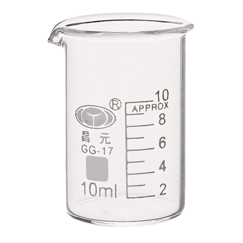 Clear glass graduated beaker on a white background.